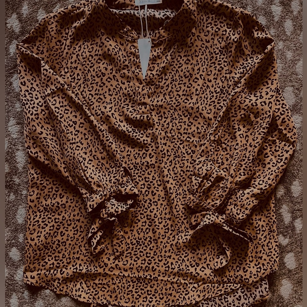 Brown and Black Leopard Print Blouse With Bow Sleeves NWT